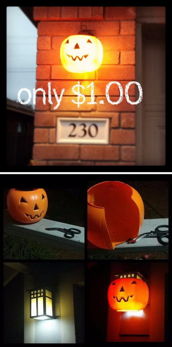 Make a glowing pumpkin sconce by putting $1.00 plastic pumpkin over outdoor lights. 