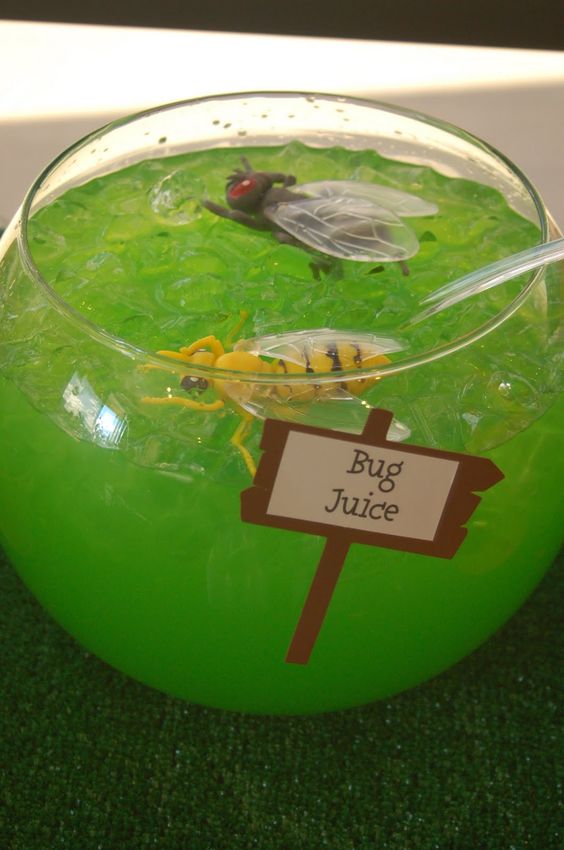 Fill a large punch bowl (or fish bowl) with any green juice. Add some big plastic spiders and it suddenly becomes bug juice! I can think of a few kids who would love this:)
