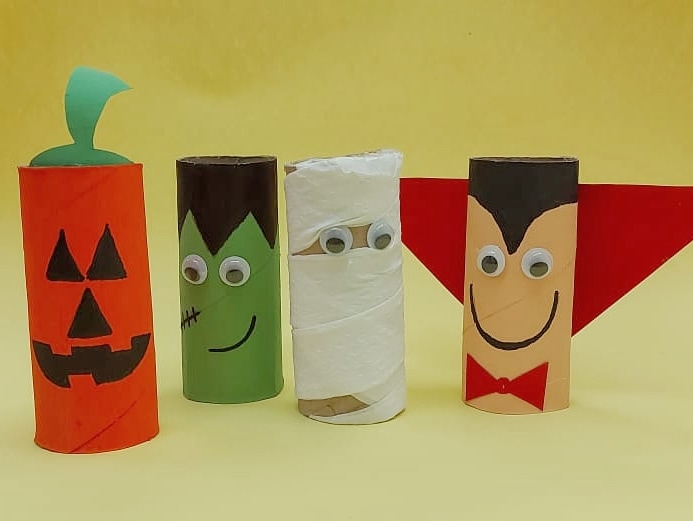 Halloween: how to make creepy dolls out of toilet paper rolls;  image shows Halloween dolls made from toilet paper rolls