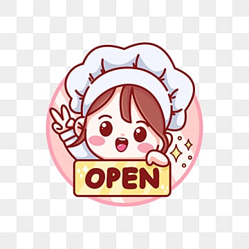 female chef holds an open sign in front of the store, Chef, Cute Chef, Dhef Fofa PNG and vector image material