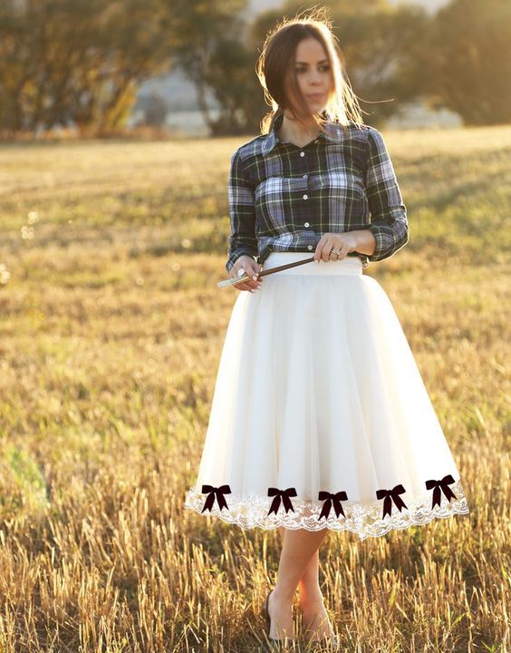 skirt look with plaid shirt