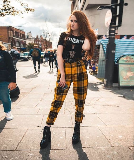 grunge look with plaid pants