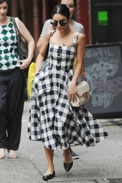 look with vintage checkered dress