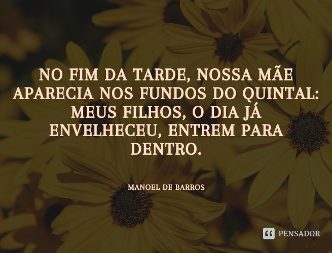 At the end of the afternoon, our mother would appear at the back of the yard: my children, the day is old, come inside.  Manoel de Barros