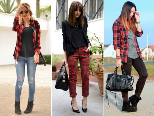 Models wear jeans with plaid pants and shirts.