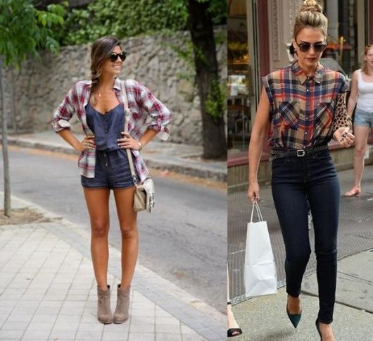 Models wear denim overalls with a plaid shirt and boots, the other model in the photo on the side wears jeans plaid tank top and black pumps.