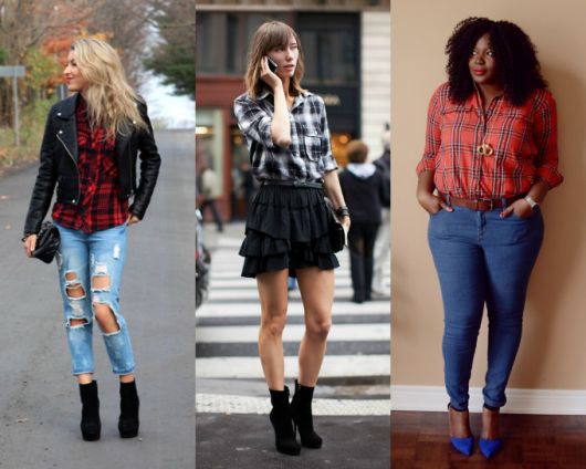 Models wear destroyed jeans with plaid shirts and boots.