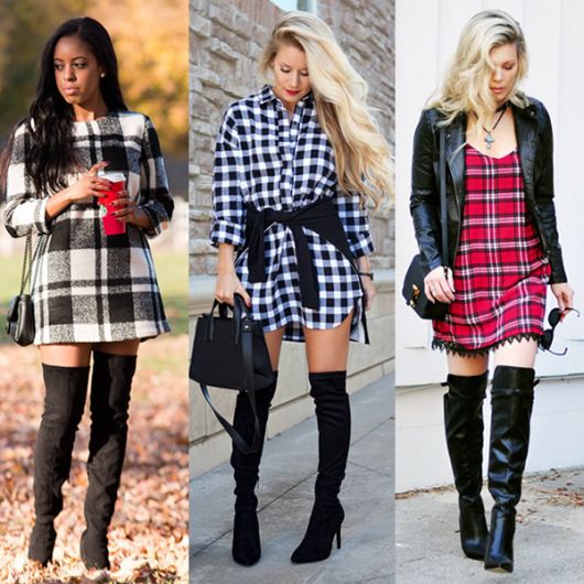 Models wear long-sleeved short checkered dress with long boot.