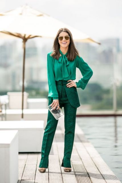 monochrome green female social wear