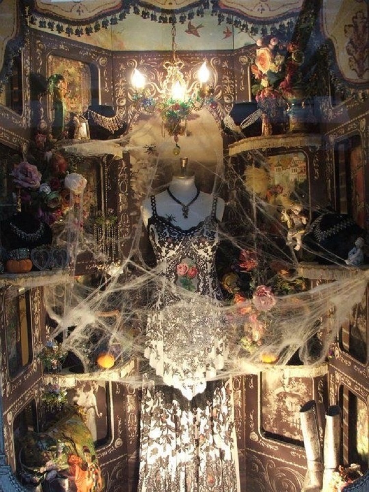Showcase with spider web