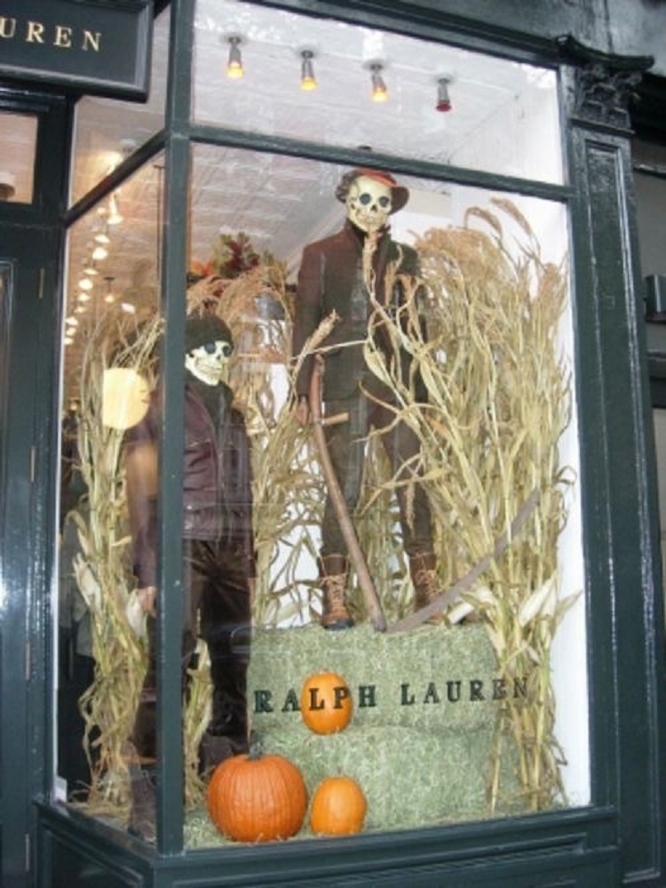 Ralph Lauren showcase with skulls and scarecrows