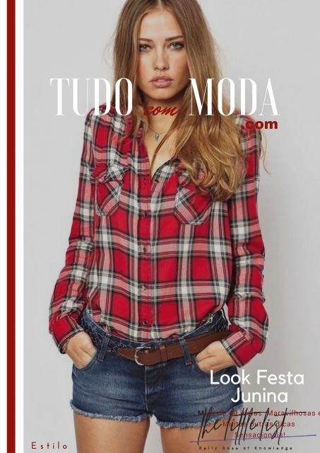 Model wears red plaid shirt with white and denim shorts with brown belt.