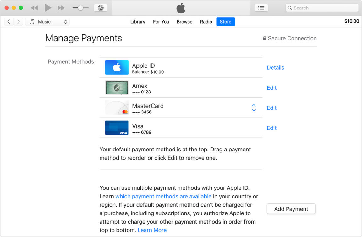 How do I delete a payment method on my iPhone?